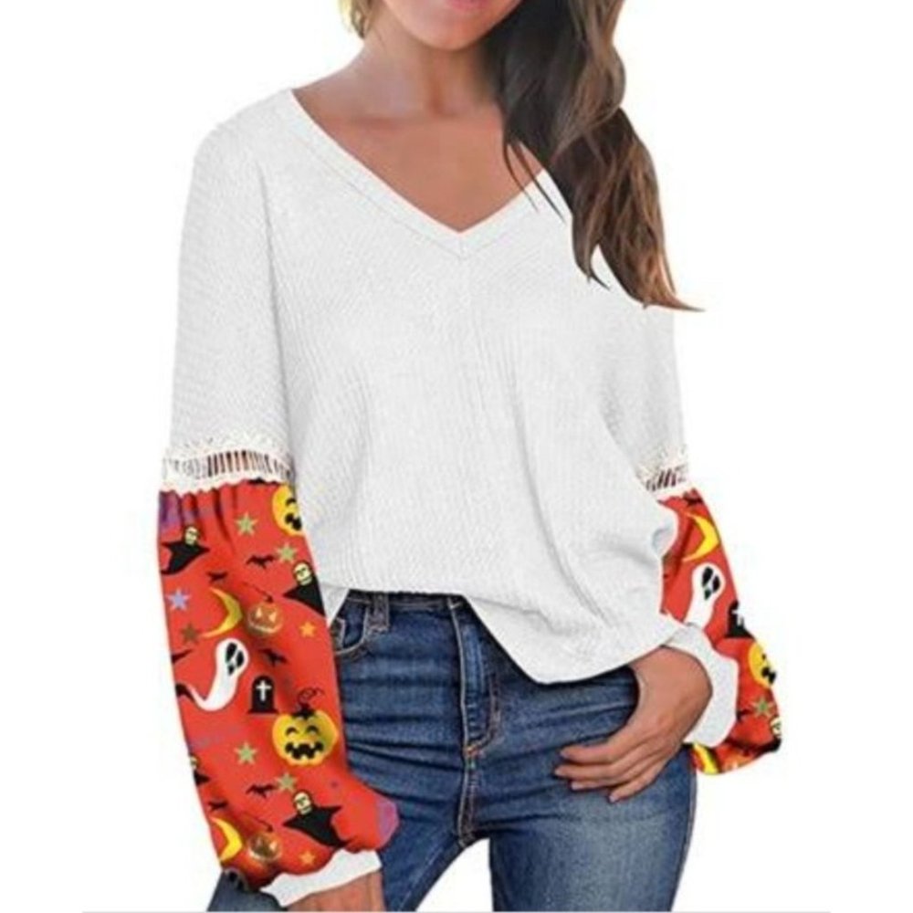 Women Halloween Print T-shirt Long Sleeve V-neck Waffle Patchwork Pullover